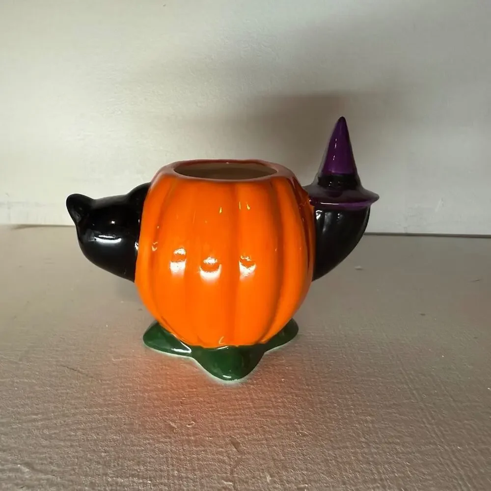 Christopher Radko Halloween Shiny Brite Pumpkin Patch Tea Cups Set 4 Witch Cat